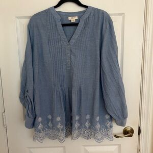 Style & Co. Light Blue Blouse with White Lace Trim